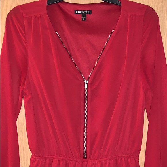 Express Deep Red Long Sleeve Front Zip Romper - Picture 5 of 7